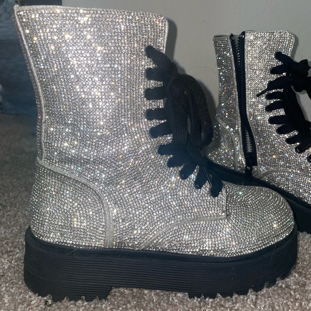 Shiny rhinestone combat boots from dolls kill, small rubber heal super comfy